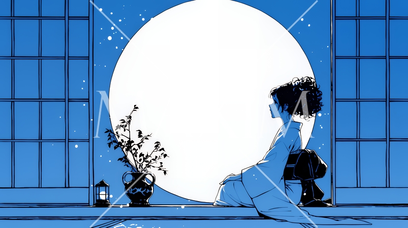 月見をしている和服姿の若い女性（シンプルな色使い）