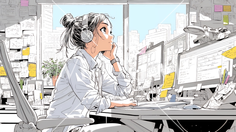 数多くのメモと録音資料を基に企画を練っている若い女性