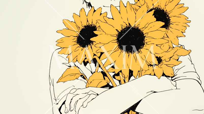 ひまわりと女性（シンプルな色使い）