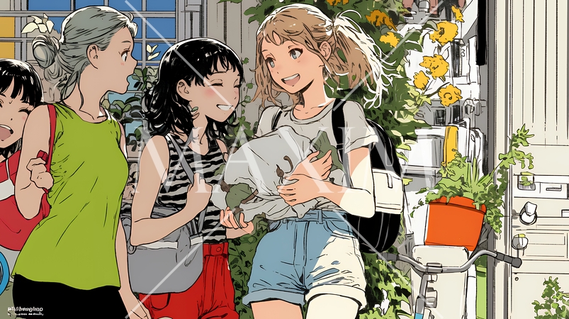 道端で会話を楽しむ若い主婦たち（ママ友たち）