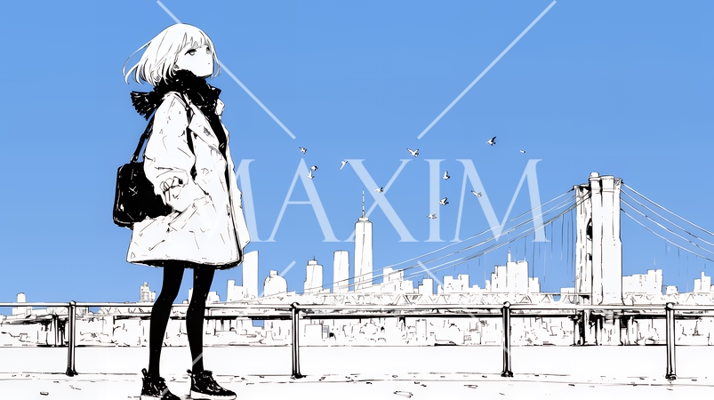 若い女性が佇む都市の街角（シンプルな色使い）