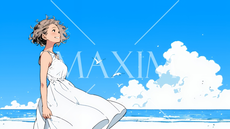 一人旅の若い女性と夏のビーチの風景（シンプルな色使い）