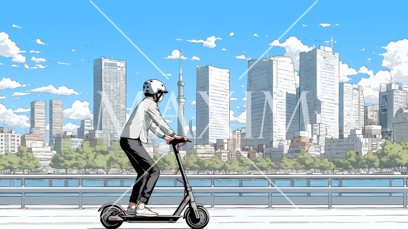 特定小型原付で都会を移動するビジネスパーソン