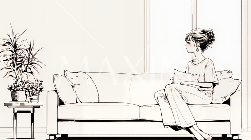 ソファでクッションを抱えてくつろぐ若い女性（シンプルな色使い）