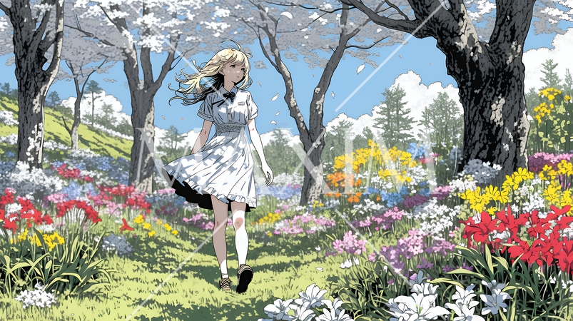 満開の春の花々と若い女性