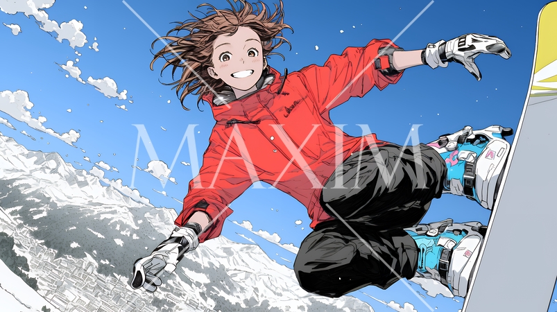 スノーボードを楽しんでいる若い女性