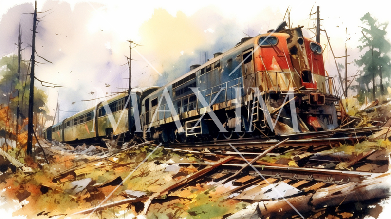 列車事故：列車事故発生直後の水彩画