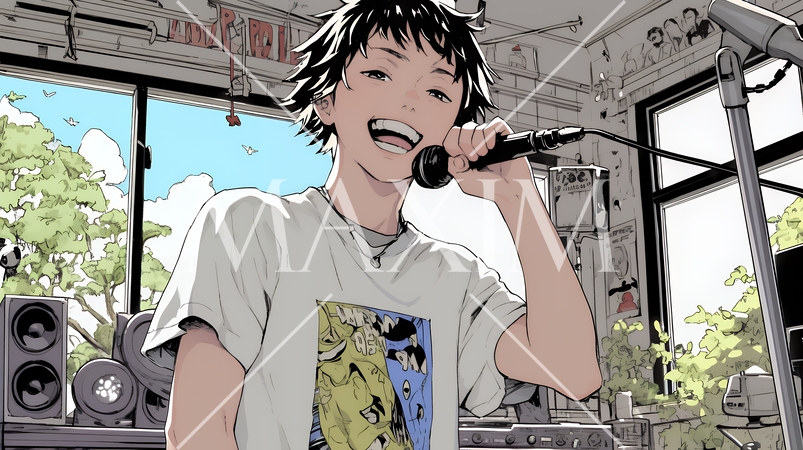 ステージでマイクを握り、情熱的に歌い上げる男性