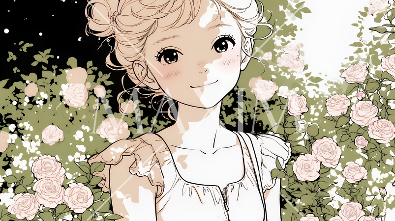 バラ園を散策している若い女性（シンプルな色使い）