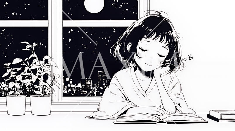 資料（本）を読みながら、うとうと眠ってしまう若い女性（シンプルな色使い）