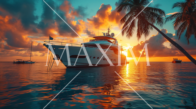 南洋の孤島とヨットと夕日：精緻CG