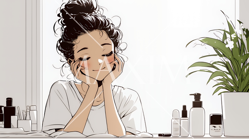 スキンケアを念入りに行う若い女性（シンプルな色使い）