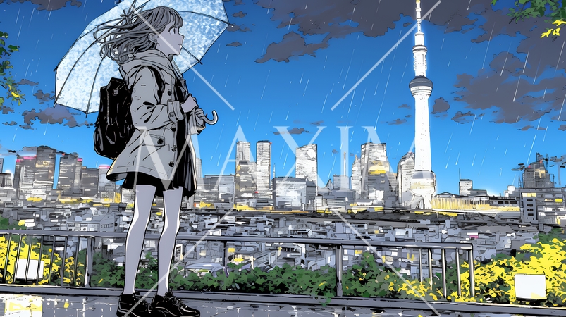 雨の中を歩く女性と都会のランドスケープ