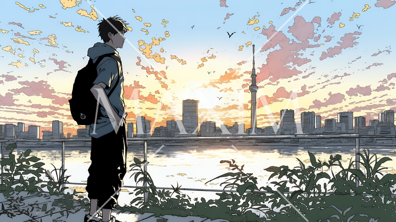 大都会の日没（日の出）とランドスケープを眺めている若い男性