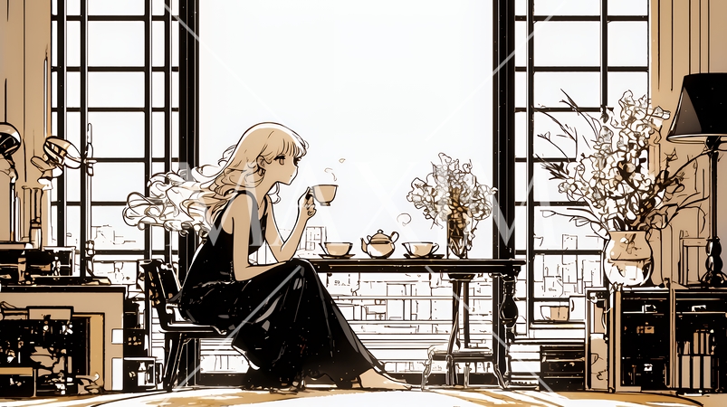 リビングで紅茶を飲んでいる女性（シンプルな色使い）