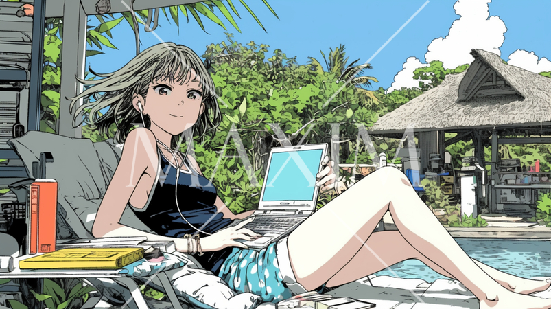 トロピカルリゾートに来ているのにPCを手放せない若い女性