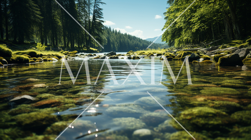 夏の森の湖の湖面から見た風景。水面には木々と空が映っている。水面の下には水草や岩についたコケも見える