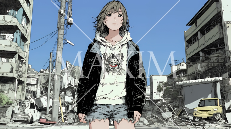 震災や空爆などで破壊された街で孤独に立ちすくむ若い女性