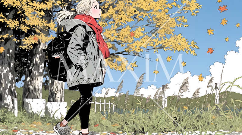 水辺の紅葉の小径を散策している若い女性