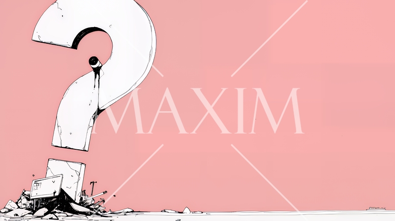 クエスチョンマークのある場面：頭の中にクエスチョンマークが生まれている（シンプルな色使い）