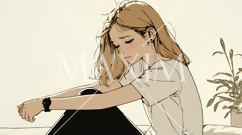 腹痛（生理痛）に苦しむ若い女性（シンプルな色使い）