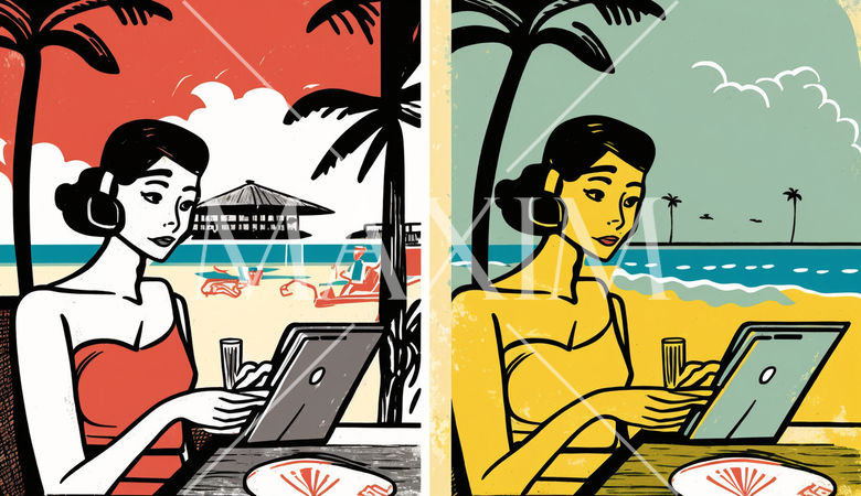 海辺のリゾートに来ているのに仕事のデジタルデバイスを手放せない女性