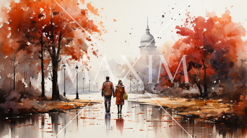 恋人達がいる秋の公園：木々が色づいている水彩画