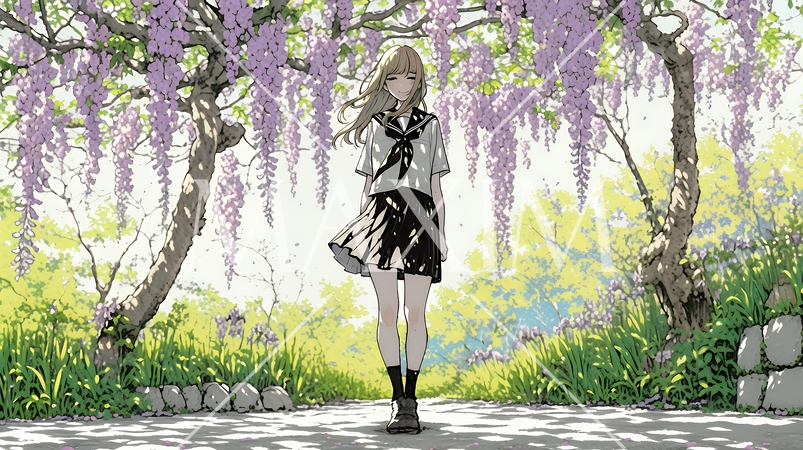 満開の藤の花の下を歩いている女子高生