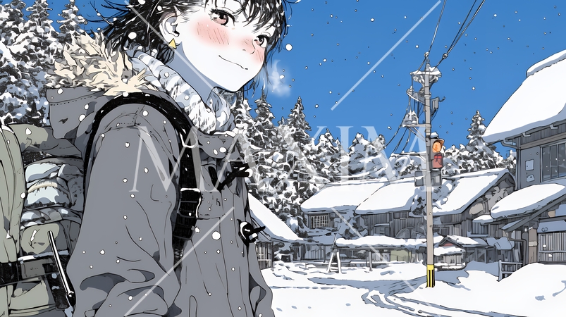 雪の積もる田舎道を歩いている若い女性