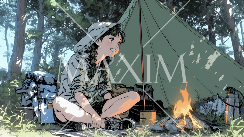 ソロキャンプを楽しんでいる若い女性