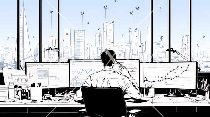 マーケティング・トレーディングデータなどの計量分析を行っている男性（シンプルな色使い）
