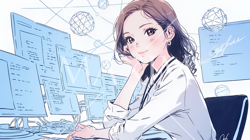 マーケティング・トレーディングデータなどの計量分析を行っている女性（シンプルな色使い）