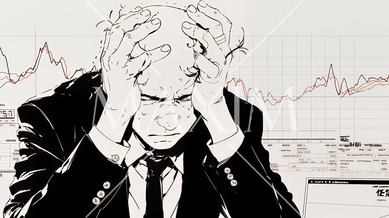 金融市場の急激な変動で頭を抱えている男性（シンプルな色使い）