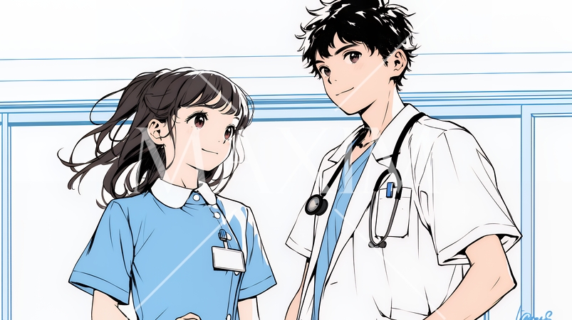 メディカルスタッフ：医師と看護師が打ち合わせ（シンプルな色使い）