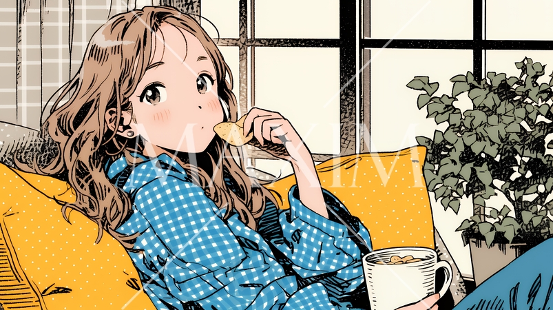 ポテトチップスをつまみながら、ひとりでビデオを観る若い女性