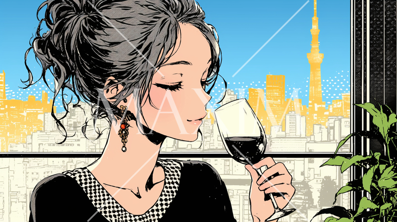 ワインを飲んでいる女性：東京都心のラウンジで