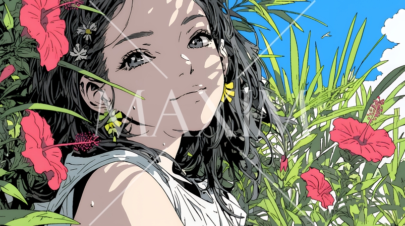 ハイビスカスと若い女性