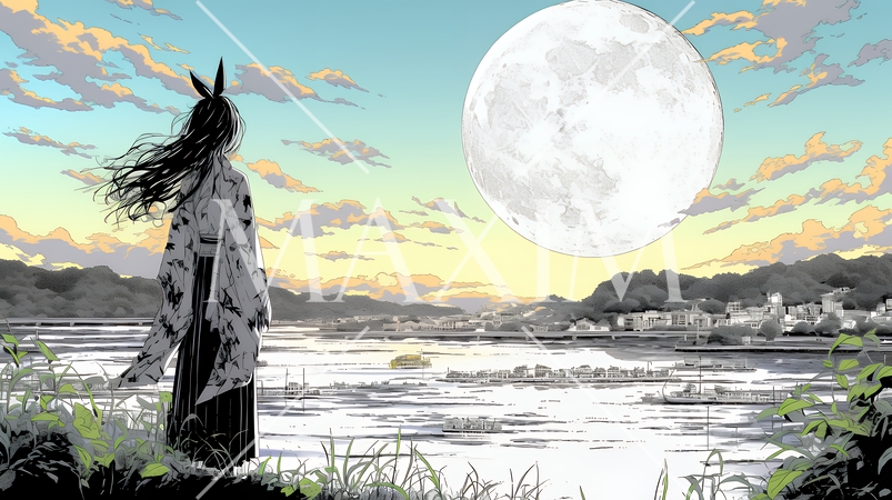 月見をしている若い女性