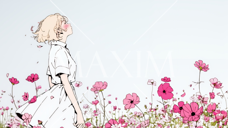 コスモス畑にいる若い女性（シンプルな色使い）