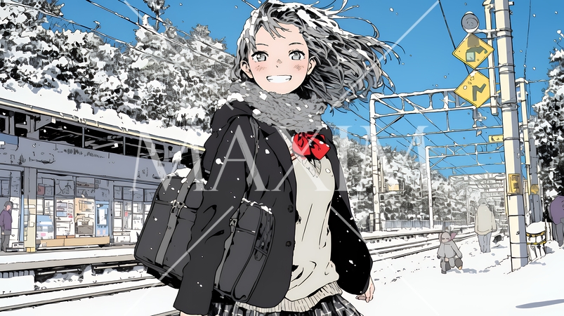 雪の日に通学する女子高生