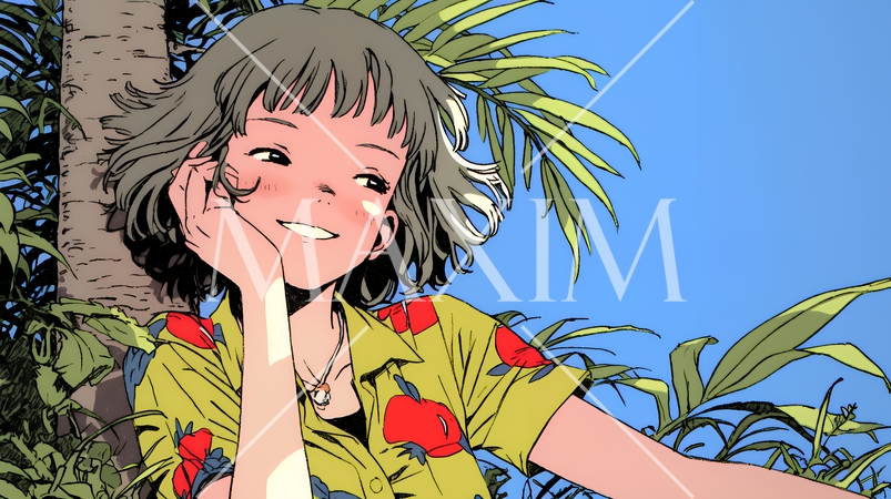 沖縄のかりゆしファッションを着て笑顔いっぱいの若い女性