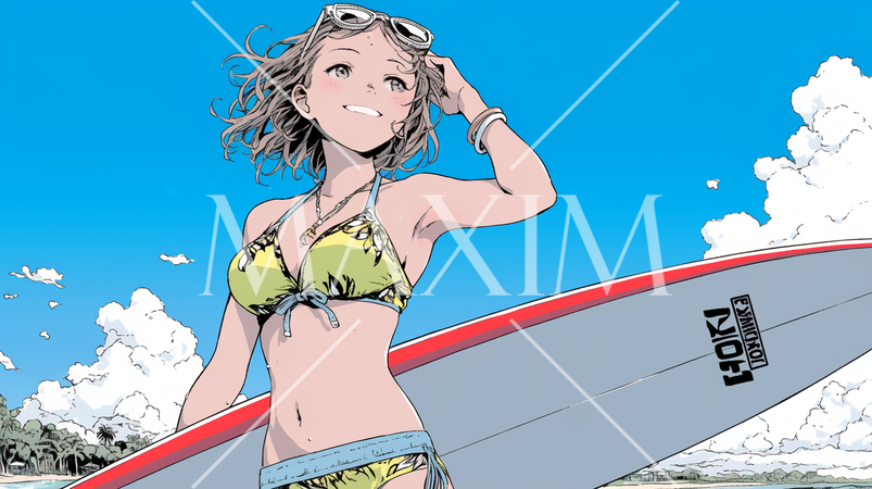 沖縄の海岸でビキニ姿でサーフボードを持った若い女性