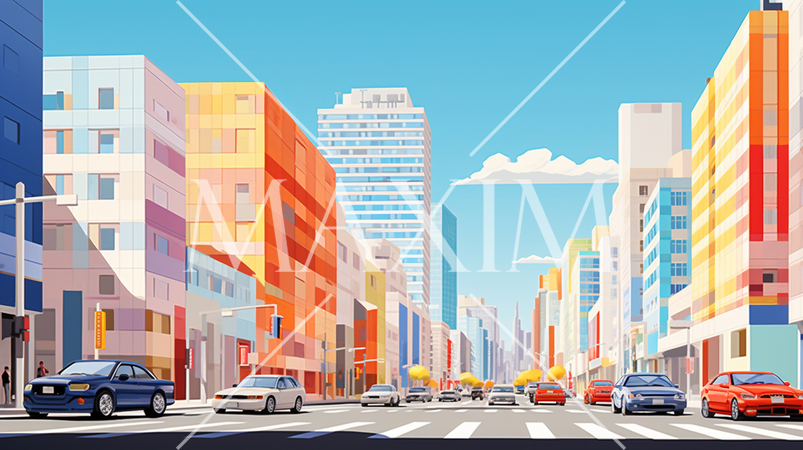 都心のビル街：ポップでカラフルな表現