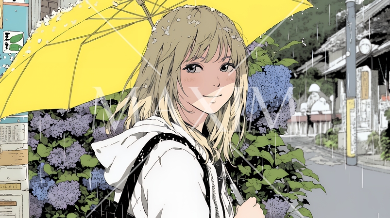 アジサイと梅雨の長雨と若い女性