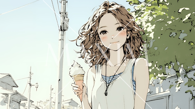 夏空の下でソフトクリーム（コーンに乗ったアイスクリーム）をたべる若い女性（シンプルな色使い）