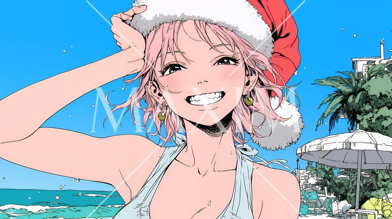 真夏（南半球）のビーチで活動中の女性のサンタクロース