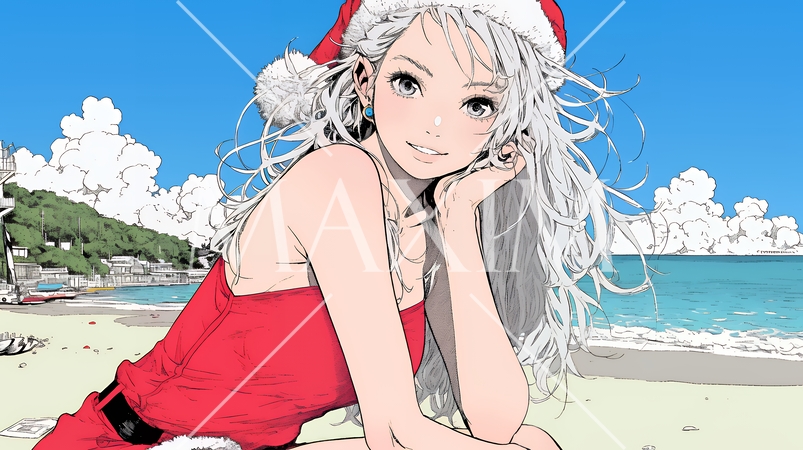 真夏（南半球）のビーチで活動中の女性のサンタクロース