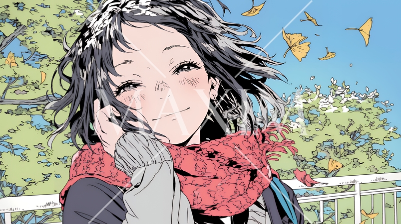 紅葉の秋の街を歩く若い女性