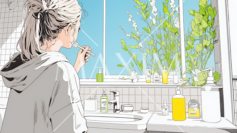 洗面所で朝の歯磨きをする若い女性