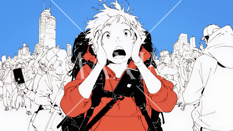 スマホの画面を見て驚いている若い男性（シンプルな色使い）